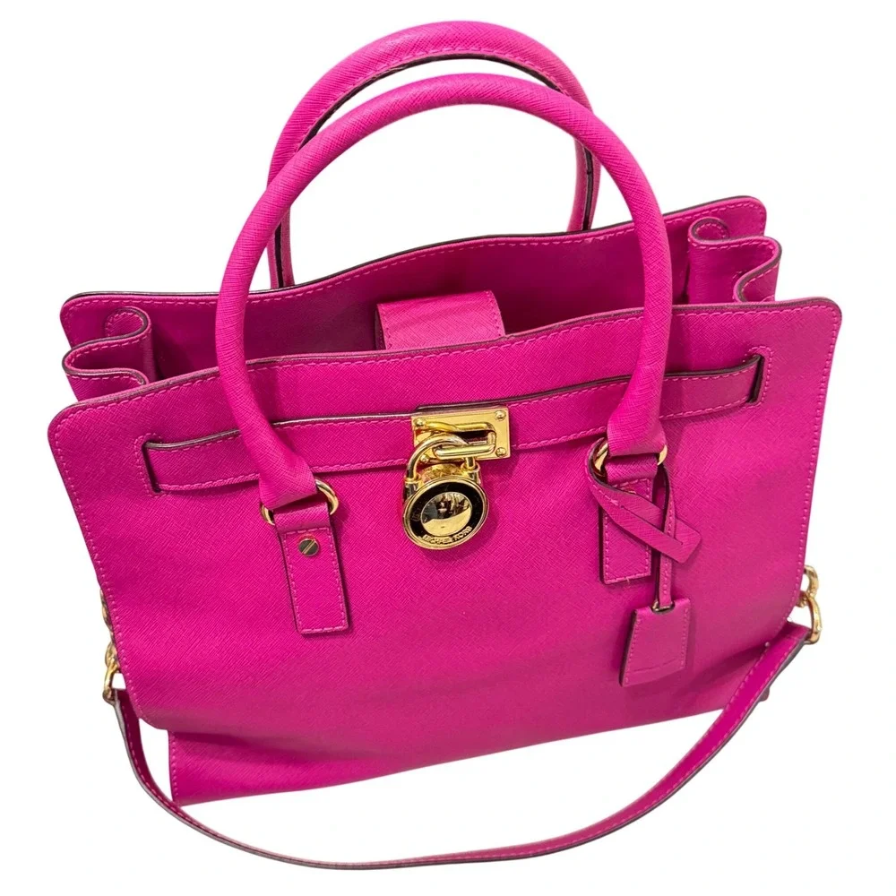 Michael Kors Hamilton Satchel Womens Large Fuchsia Pink Padlock Chain Bag - Picture 4 of 16